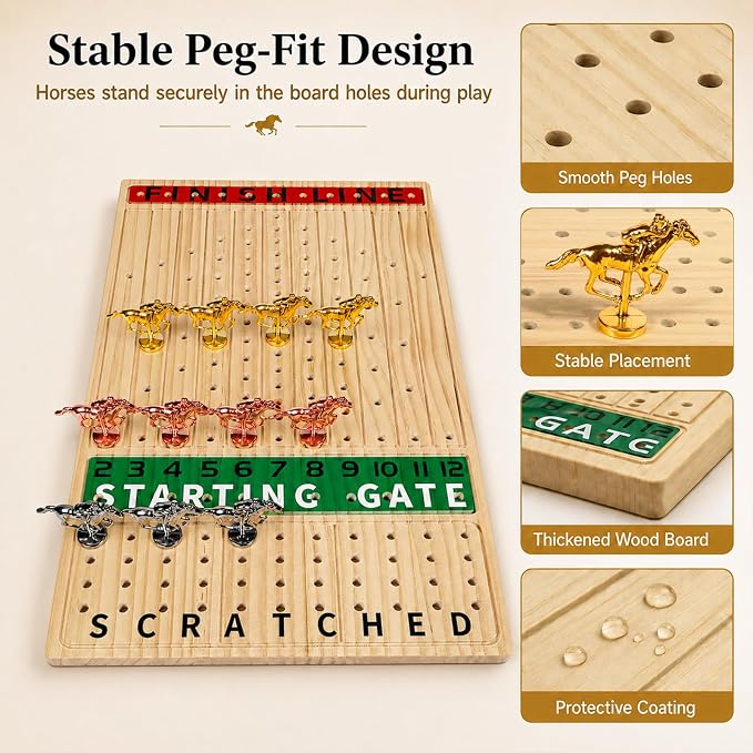 Jyquorp Horse Race Board Game (15.6" x 10") Solid Wood Horse Racing Board Game Set for 2-11 Players with 11 Luxury Metal Horses, 2 Dice & 2 Card Decks, Gifts for Family Party