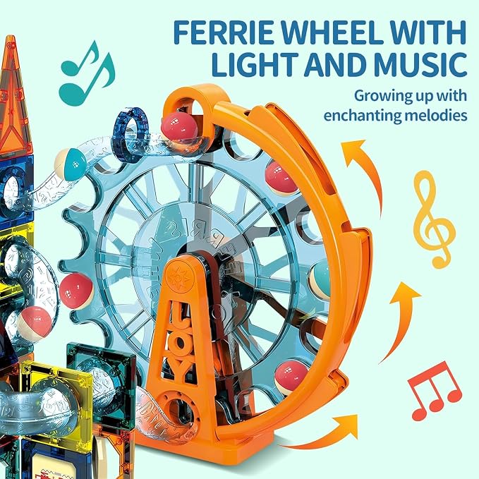 Motorized Marble Run Set – 107-Piece Magnetic Tile Building Toy with Ferris Wheel & Elevator, STEM Marble Maze Game for Kids Ages 6-12, Educational Gift with Lights & Music