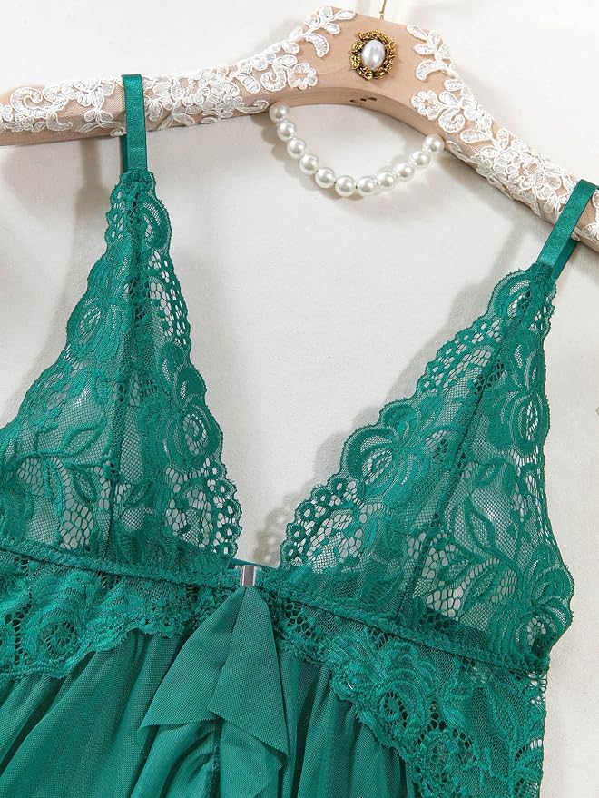 Foxiny Sexy Open Front V Neck Ruffle Sheer Mesh Lace Wireless Babydoll Lingerie Dress with Thong 2 Piece