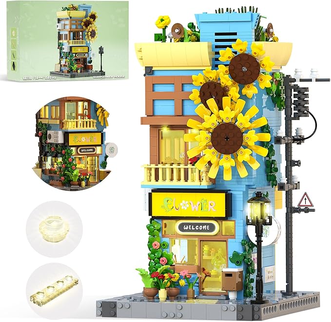 Sunflower House Building Set with LED Light, 3-Story Japanese Street View House Blocks, 1580PCS Creator Architecture Model Building Kit, Home Office Decor Gift for Adults
