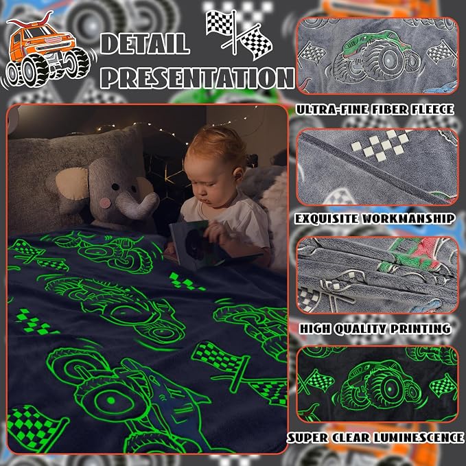 Glow in The Dark Blanket for Boys Truck Car Toys Unique Gifts for Kids Glowing Cartoon Tractor Throw Blanket Soft Fleece Blanket Excavators Room Bed Sofa Decor Blankets All Seasons 50"×60"