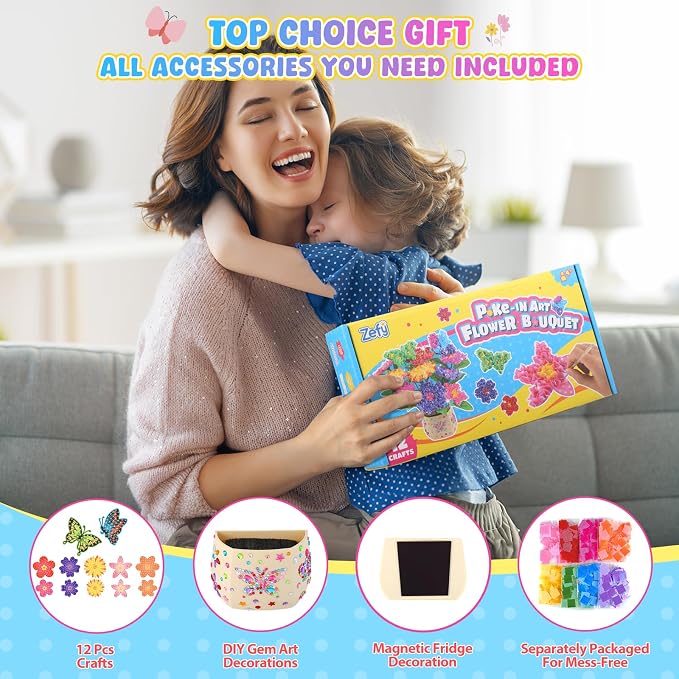 Zefy Poke Art Flower Bouquet, Mess-Free Arts and Crafts for Kids | DIY Activities with 8 Colors 10 Flowers & 2 Butterflies, Birthday Valentine Gifts for Girls Craft Kits 4-12