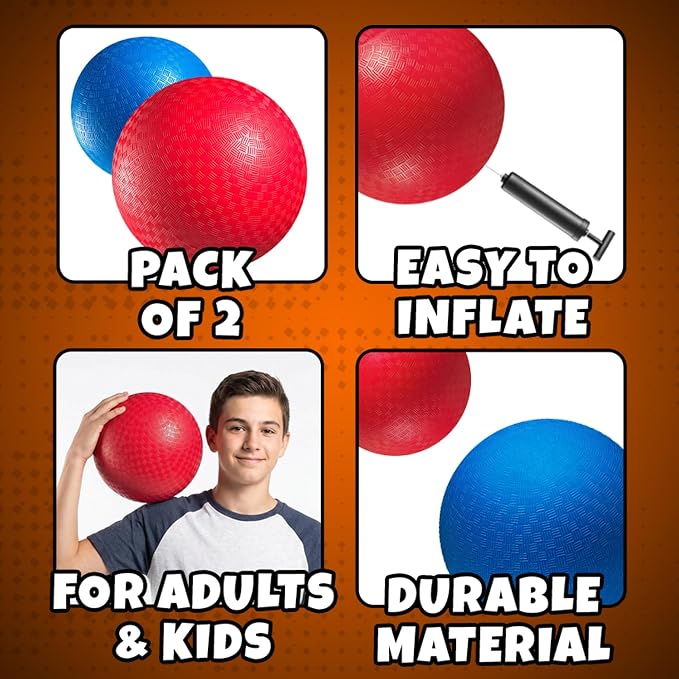 10 Inch Red & Blue Kickball Set - (2-Pack) with Pump - Large Playground Balls for Kids, Teens & Adults - Gym Sports Balls for Kickball, PE, Recess, Four Square & Backyard Games