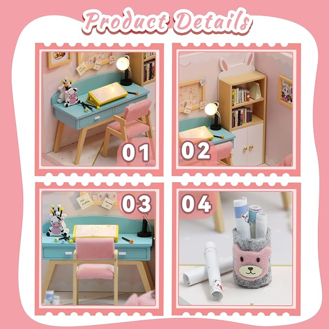 Kisoy Dollhouse Miniature with Furniture Kit, DIY 3D Wooden DIY House Kit A Corner of a Small Apartment Style with Dust Cover & LED,Handmade Tiny House Toys for Kids Adults Gift (Study Room)