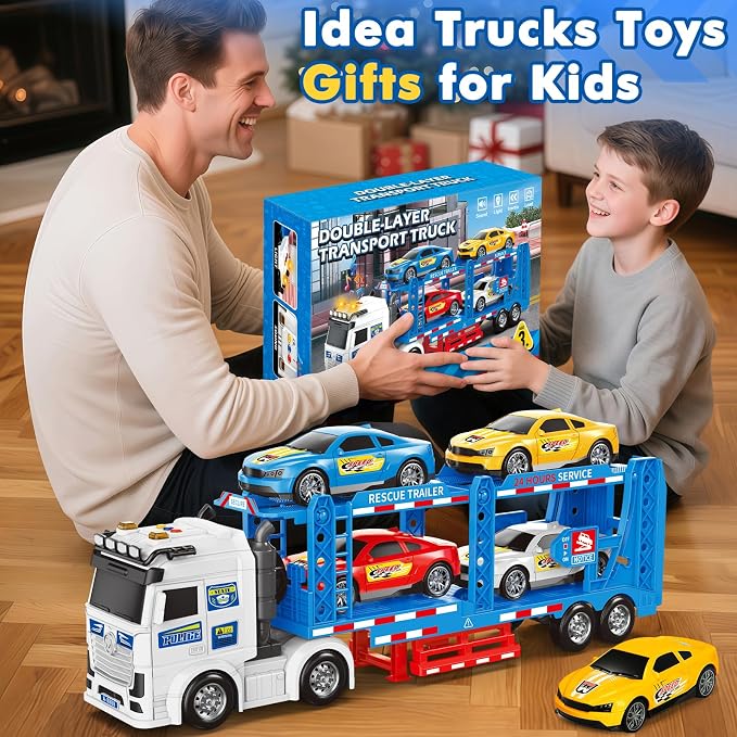 BainGesk Semi Truck Toys Car for 3, 4, 5, 6, 8 Years Old Boys Girls, Adjustable Double Decker Carrier Truck with Light & Sound, Car Hauler with Trailer Toy, Large Transport Toy Gifts for Toddler
