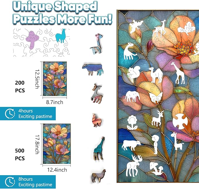 Leodozzio Wooden Puzzle for Adults, Mother’s Day Stained Glass Flower Puzzle, 200 Piece Unique Shape Jigsaw, 5MM Thick, Gift for Her, Home Art Decoration, 8.7 x 12.5 Inch