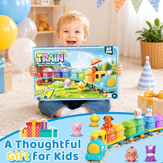 Train Set for Toddlers 2-4, Electric Toddler Train Set with Farm Animals, Music & Lights, Montessori Counting & Sorting Learning Toy, Birthday Easter for Boys Girls (Blue/Yellow)