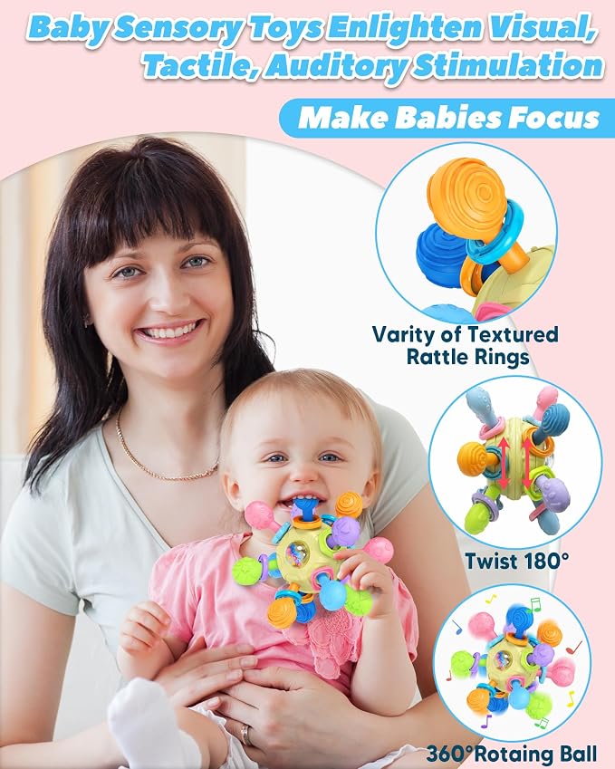 Baby Toys for 0-6 6-12 Months Ages 0-2, Tummy Time Montessori Toys for Babies 0 3 6 9 12 18 Months, Newborn Infant Sensory Toys, Baby Shower Gifts for Boys Girls -Yellow