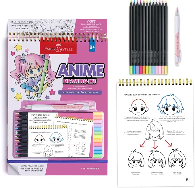Faber-Castell Anime Drawing Kit: Chibi Edition | Step-by-Step Instruction Book with 20 Practice Pages, Color Pencil Set & Drawing Supplies for Kids, Back to School Supplies (1 Book)