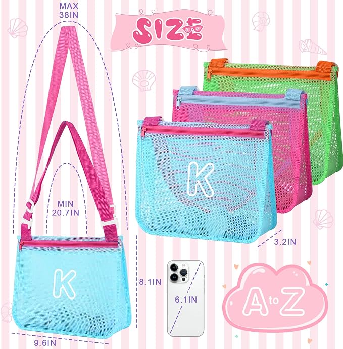 3Pcs Personalized Kids Beach Shell Bag, Initial Seashell Mesh Zipper Beach Pouch, Shell Collecting Bag for Holding Shells with Adjustable Straps, Sand Toys Swim Pouch Gift for Girl Boy Teens(Letter K)