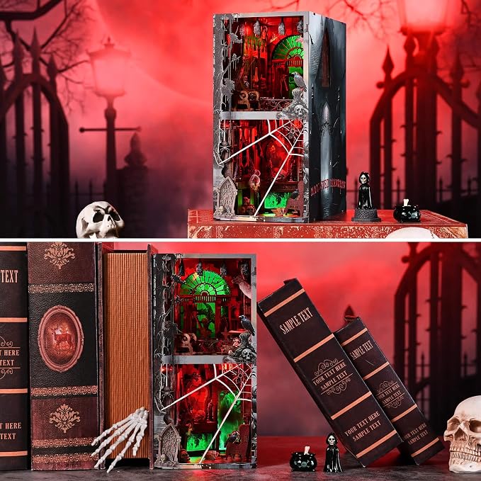 fifijoy Haunted Horror Book Nook Kit, DIY Miniature Dollhouse Halloween Booknook Kit, Spooky Creepy Scary 3D Wooden Puzzle Bookend Bookshelf Insert Decor with LED Light (Haunted Mansion)