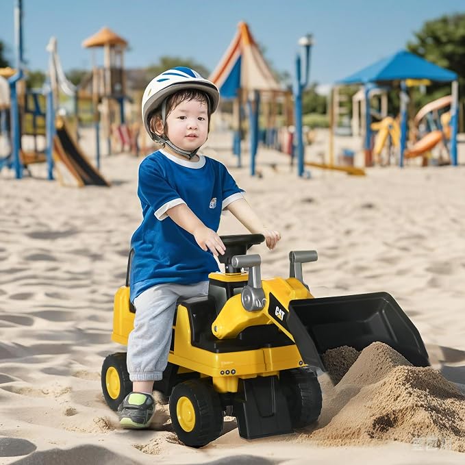 Aosom Caterpillar CAT Licensed Ride on Excavator for Kids, Digger Construction Vehicle with Manual Shovel, Horn, Hidden Storage, Foot to Floor No Power Car for Years 1.5-3