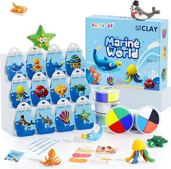 Air Dry Clay Kit - Ocean Theme, Modeling Clay for Kids, DIY Magic Clay with Sculpting Tools and Tutorials, 12 Boxes Molding Clay, Ultra Light, Soft & Non-Sticky, Arts and Crafts Gift for Kids