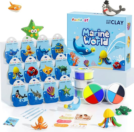 Air Dry Clay Kit - Ocean Theme, Modeling Clay for Kids, DIY Magic Clay with Sculpting Tools and Tutorials, 12 Boxes Molding Clay, Ultra Light, Soft & Non-Sticky, Arts and Crafts Gift for Kids