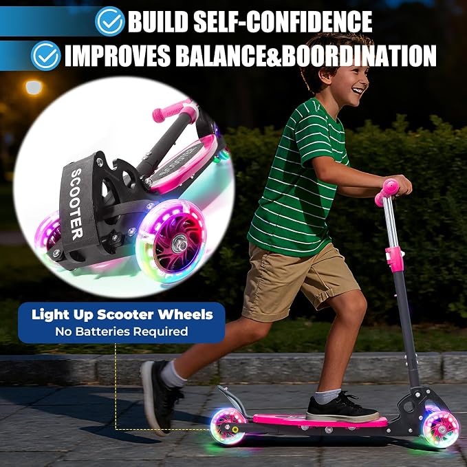 3 Wheel Scooter for Kids Ages 3-12, LED Light-Up Kids Kick Scooter–Portable Foldable, Adjustable Height, Durable Metal Construction, 6" Extra Wide Deck for Outdoor Activities,Child Safety Certified