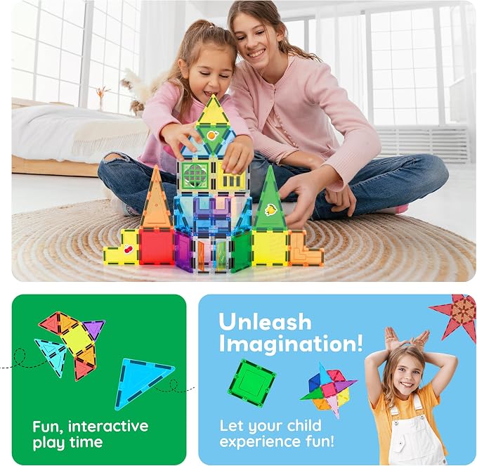 PicassoTiles 240pc Magnetic Tiles Building Set with Storage Bag Themed Stickers and Car Base Magnet Tile STEM Sensory Fun Creative Learning Classroom Must Have Educational Toy Boy Girl Age 3+ PT240