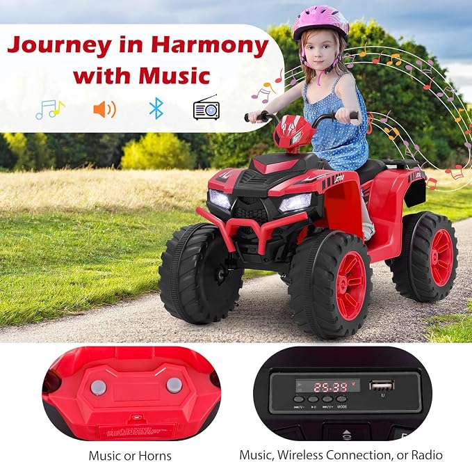 Costzon Kids ATV, 24V Four Wheeler Quad Ride on Car w/Forward/Backward, 2 Speeds, Wireless Connection, Music, Radio, LED Lights, Electric Vehicle Toddler 4 Wheeler for Kids, Boys & Girls 3-8 (Red)