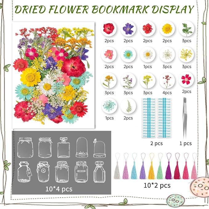 Kaluofan 103PCS Bookmark Making Kit, Transparent Flower Bookmarks, Handmade Dried Flower Bookmark Kit for School, DIY Bookmark Kit with Abundant Bottle Bookmarks Dried Flowers Tassels and Tweezer