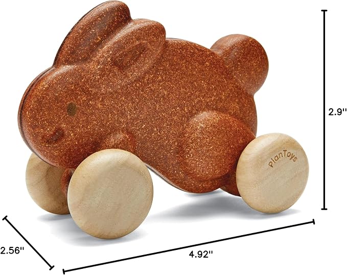 PlanToys® Brown Push Along Bunny Wooden Montessori Movement and Coordination Toy | Gross Motor, Rhythm and Cause & Effect Early Learning Activity | Eco Friendly Push Toy for Active Play