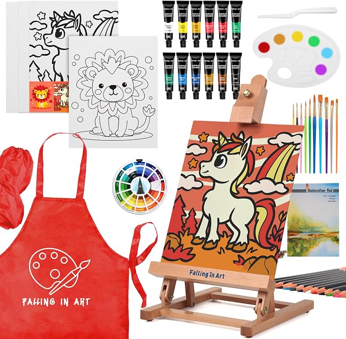 Falling in Art 52Pcs Acrylic Paint Set with Table Easel, Art Painting Kit with Acrylic Paints, Canvas Panels, Paintbrushes, Canvas Supplies Kit for Kids, Adults, Beginners, and Artists, Red