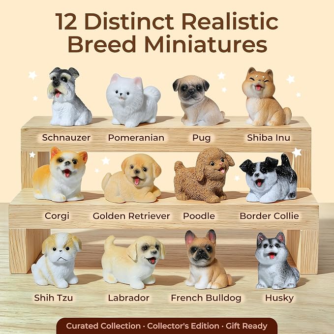 12PCS Mini Dog Figurines, Hand-Painted Tiny Resin Puppy Figures with 12 Realistic Dog Breeds, Small Animal Figurines Toy Set, Dog Lover Gifts for Women,Birthday Party Favors & Cake Toppers for Kids 3+