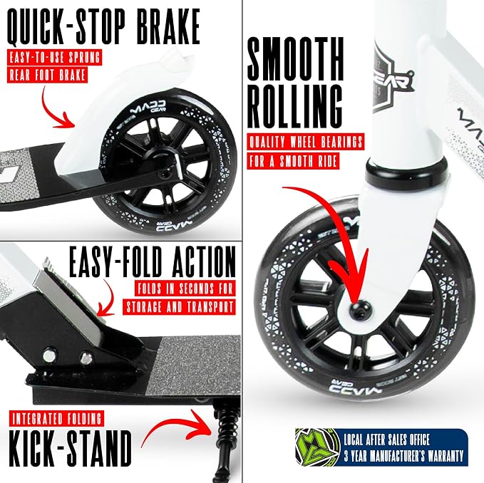 Kick Scooter for Ages 5+ - Kids, Teens & Adults. Max Load 220lbs. Foldable, Light-Up Wheels, Adjustable Height, Lightweight - Rush 125 Madd Gear