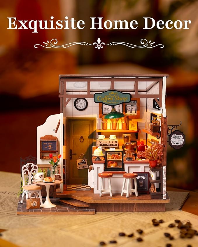 Robotime DIY Miniature House Kit, 1:18 Coffee Shop Diorama Dollhouse with LED Lights, 3D Wooden Puzzle Diorama for Adults, Craft Hobby Gift for Women Men Teens