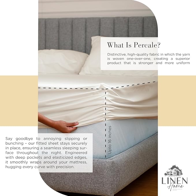 Linen Home 2-Pack Queen Sheet Set, 100% Cotton Percale Bedding, 8-Piece Value Bundle, Deep Pocket Cooling Bed Sheets for Hot Sleepers, Breathable & Crisp Hotel Quality, Long-Staple Cotton, Ivory