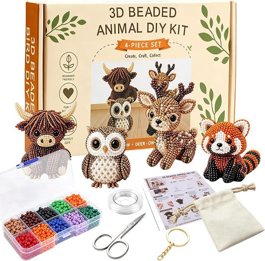 BLOWADM 4Pcs Tiny 3D Beaded Animal DIY Kit,Easy DIY Beading Embroidery Kit,3D Animal Themed Beadwork Kit for Beginners & Craft Enthusiasts, with Instructions