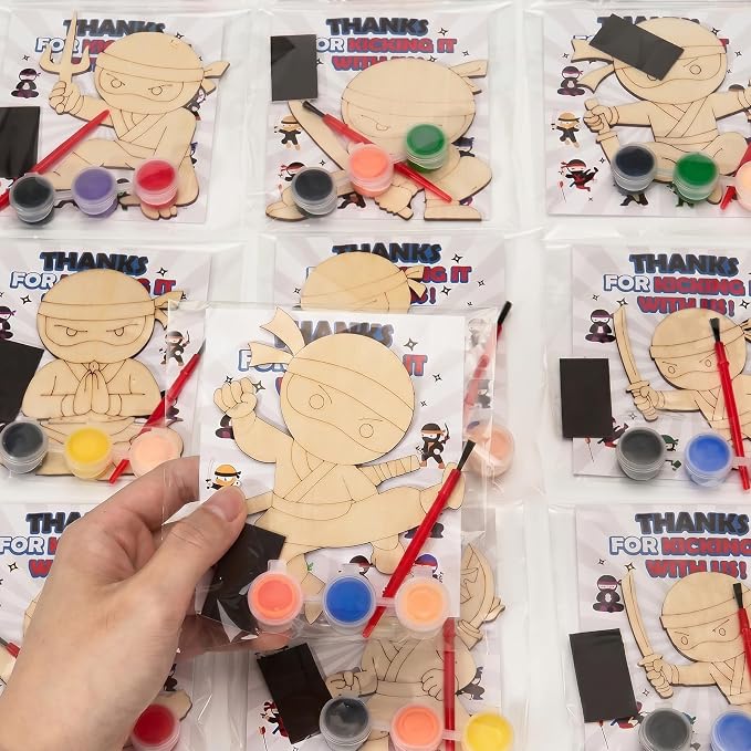 Bafeil 24 Set Ninja Party Favors - Paint Your Own Wooden Magnets Painting Kit for Birthday Party Decorations Party Supplies with Card, Goodie Bag Stuffers Back to School Classroom Return Gift