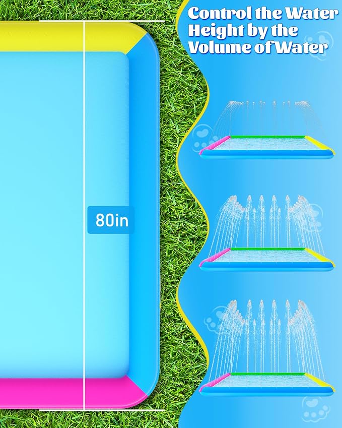 Raxurt Splash Pad, 107"- 80" Non-Slip Splash Pad for Kids and Dogs, Thickened Durable Square Dog Pool with Sprinkler Summer Outdoor Water Toys for Toddler Girls Boys Children Pet