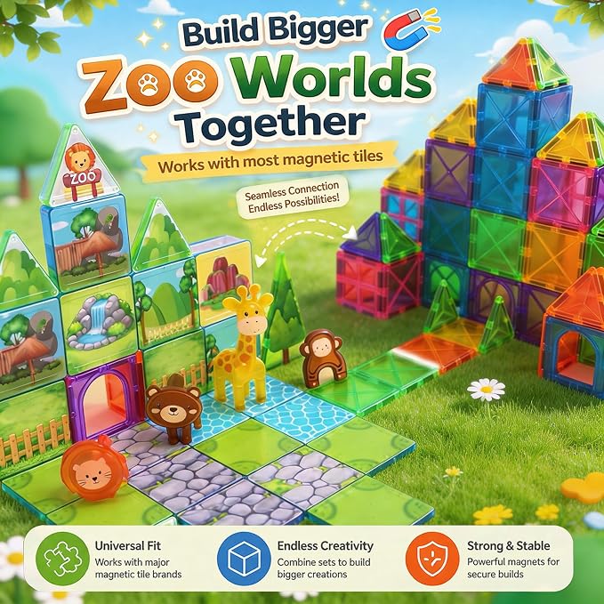 LATI Magnetic Tiles Building Set, Zoo World Animal Magnet Blocks with Giraffe, Lion & Bear, STEM Build & Play Toy for Kids Ages 3-8, Educational Gift for Boys & Girls