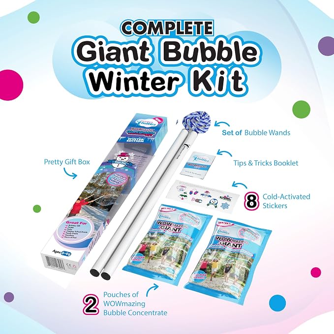 WOWMAZING Giant Bubble Kit Winter – Bubble Wand, 2 Big Bubbles Mix Pouches, 8 Cold-Activated Stickers for Outdoor Winter Fun |Bubbles Made in USA