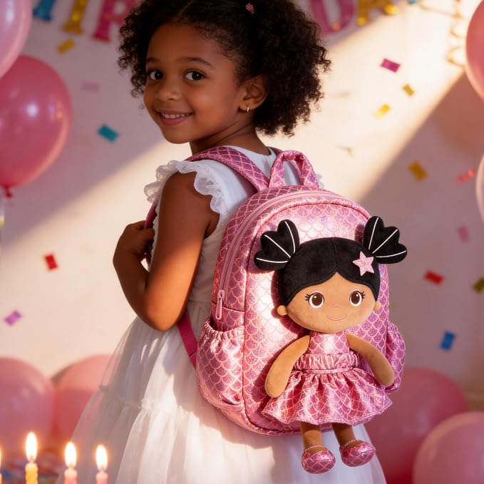 Lazada Toddler Backpack - Baby Girl Gifts Plush Doll Dress Backpack - Fashion Girls Tina Fish Scale Series - Rose Red11 Inches