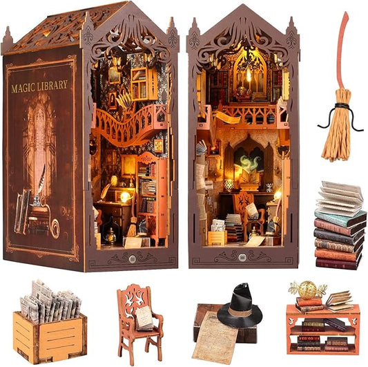 Book Nook Kit - DIY Miniature Dollhouse with LED Light, 3D Wooden Puzzle Kit for Adults & Teens, Library Shelf Decor (200+ Pieces)