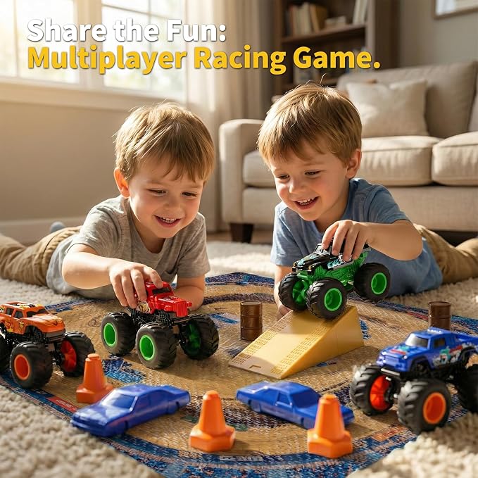 27pcs Monster Truck Playset with Arena Playmat, 1:64 Mini Toy Trucks with Interchangeable Car Shells, Ramps & Barrels, DIY Racing Game Birthday Gifts for Boys Kids Age 3 4 5 6 7 8 Year Old