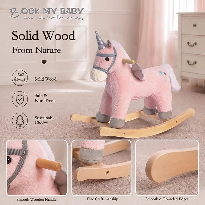 Rock My Baby Rocking Horse, Pink Unicorn/Pony Animal Rocker with Realistic Sound Plush Stuffed Rocking Horses for Toddlers 18M+, CPC Certified