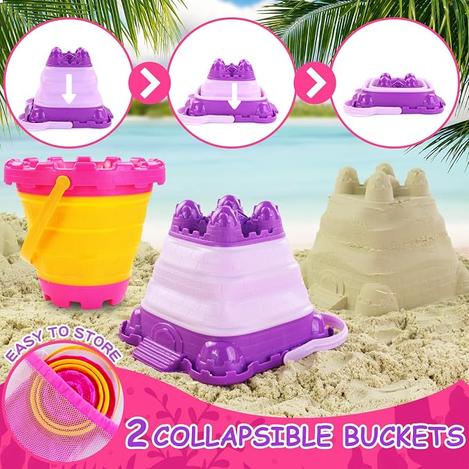 Elovien Beach Sand Toys, 50Pcs Sandbox Toys with 2 Collapsible Buckets, Mesh Backpack Bag, Shovels, Ice Cream, Cake & Castle Sand Molds, Summer Outdoor Travel Toys for Kids Toddlers Girls