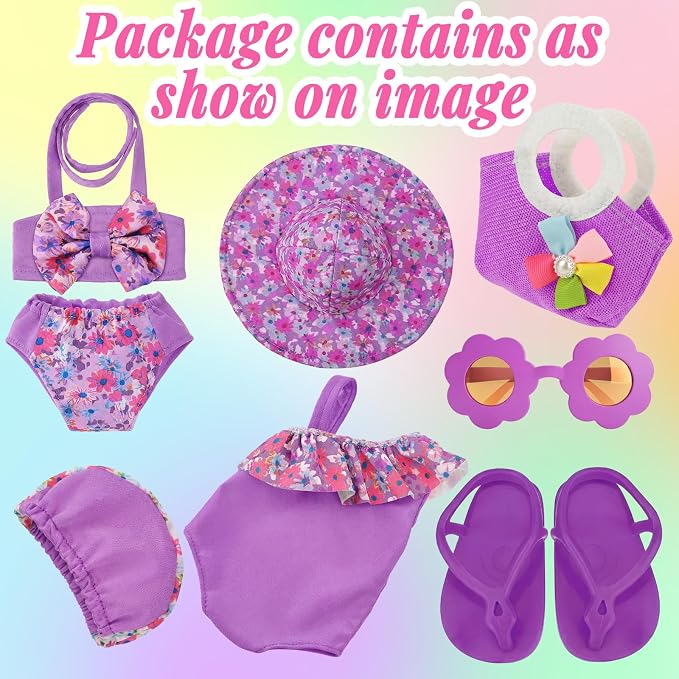 Kajaia 8 Pcs Lavender Purple 18 Inch Doll Clothes and Accessories Doll Swimsuit Dress Flip Flops Hat Outfit Swimsuit Accessories
