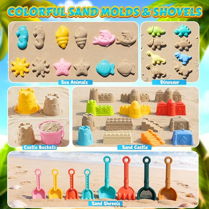 Beach Toys for Kids 35PCS Sand Toys with 3 Collapsible Bucket,3 Dump Truck,Beach Shovel,Sand Castle Building Kit,Ocean Molds,Dinosaur Sand Molds, 2 Mesh Bag,Toddler Beach Essentials for Kids 3-10