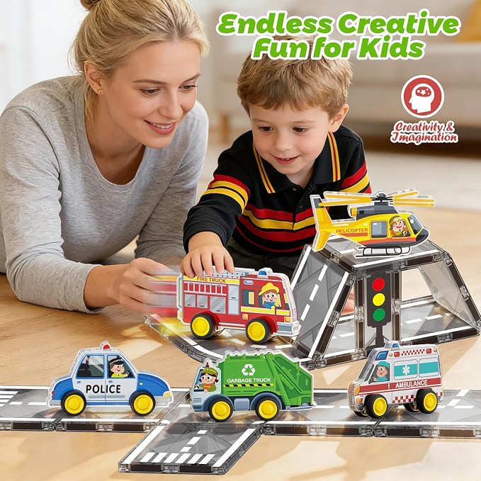 Toys City Cars Road Set for Magnetic Tiles, 5pcs Urban Traffic Preschool Educational Learning Toys for Kids Age 3-7, 3D Rescue Car Compatible with Magnet Tiles & Blocks