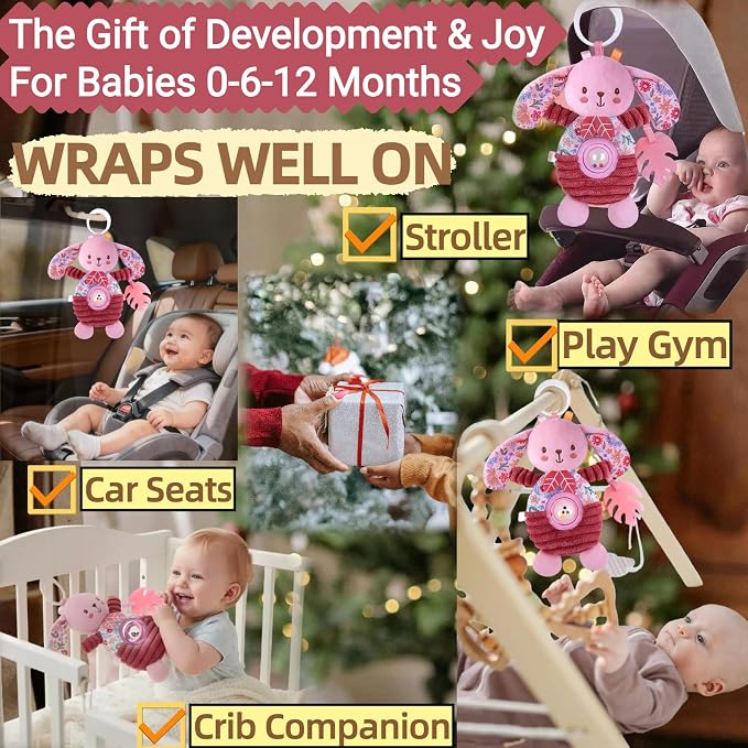 Baby Crib Toys Hanging Stroller Car Seat Toy for Infant 0-2-3-4-5-6-7-8-9 Month Old, Newborn Infant Girl Gifts Carseat Sensory Rattle Crinkle Teething Teether for Babies 6-12 Month Essentials