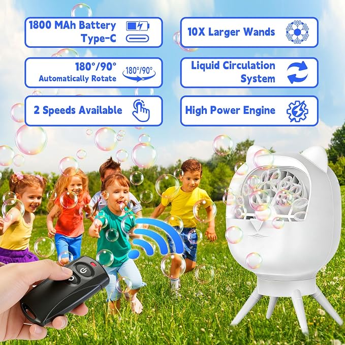 Upgraded Bubble Machine with Remote Control, Automatic Rotation 1800mAh Rechargeable Battery, Type-C Charge, Bubble Maker for Kids, Weddings, Birthday Parties, Outdoor Activities