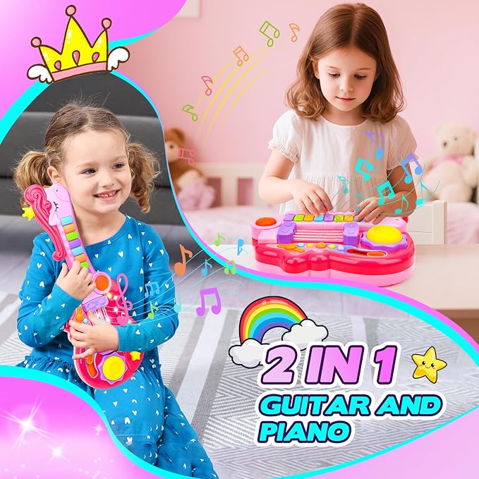 Kids Guitar Toy for 3 Year Old Girl Gift 2-in-1 Electric Guitars with Piano Mode for Toddlers Light Up Music Toys for 3 4 5 Year Old Girls Boys Gifts