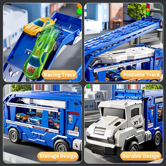 3-in-1 Kids Carrier Truck Toy Car Tracks for Toddlers 2-4 Years Old with 12 Racing Cars Toys, Foldable Chasing Race Track and Car Garage, Car Ramps Birthday Gift for Boys Girls 3-5 4-8(Blue)