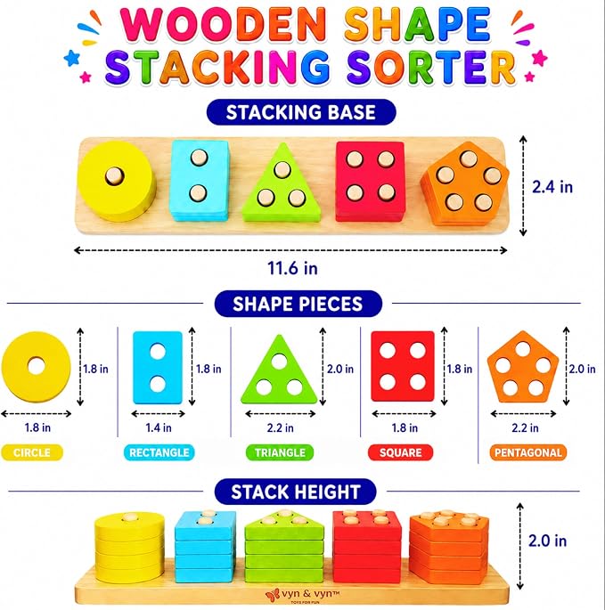 VYN & VYN Montessori Toys for 3+ Year Old Boys Girls, 2-in-1 Wooden Shape Sorter & 58 Flash Cards, Stacking and Sorting Toy, Color & Shape Matching Learning Puzzle, Educational Toy for Toddlers