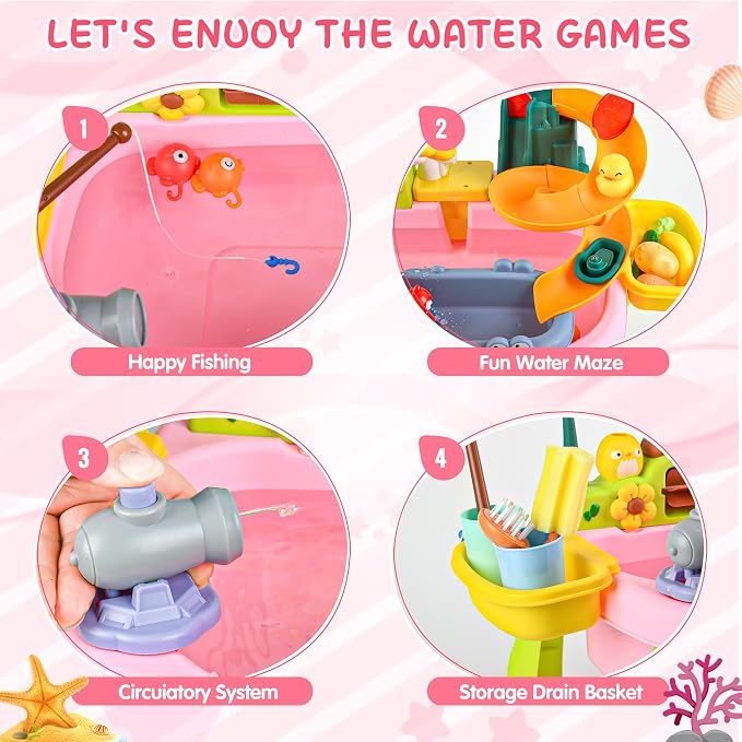 Kids Sand Water Table — 4-in-1 Kitchen Sink Toy with Battery-Powered Water Pump, Faucet, Play Food & Fishing Set, for Boys & Girls Age 3+ (Pink-Sunflower)