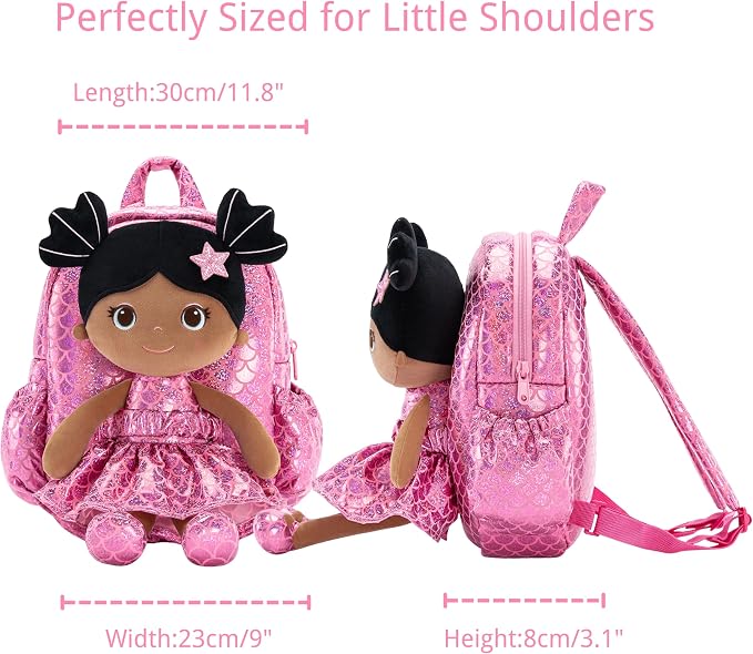 Lazada Toddler Backpack - Baby Girl Gifts Plush Doll Dress Backpack - Fashion Girls Tina Fish Scale Series - Rose Red11 Inches