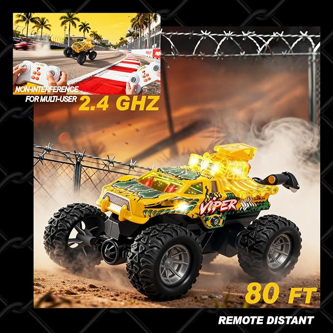 BEZGAR Mini Monster Truck Toys - 2.4GHz 1:64 Remote Control Car with Colorful Lights, 360° Spins, Metal Shell - Remote Control Monster Truck for Boys Girls Age 3, 4, 5, 6, 7, 8 Years Old(Yellow)