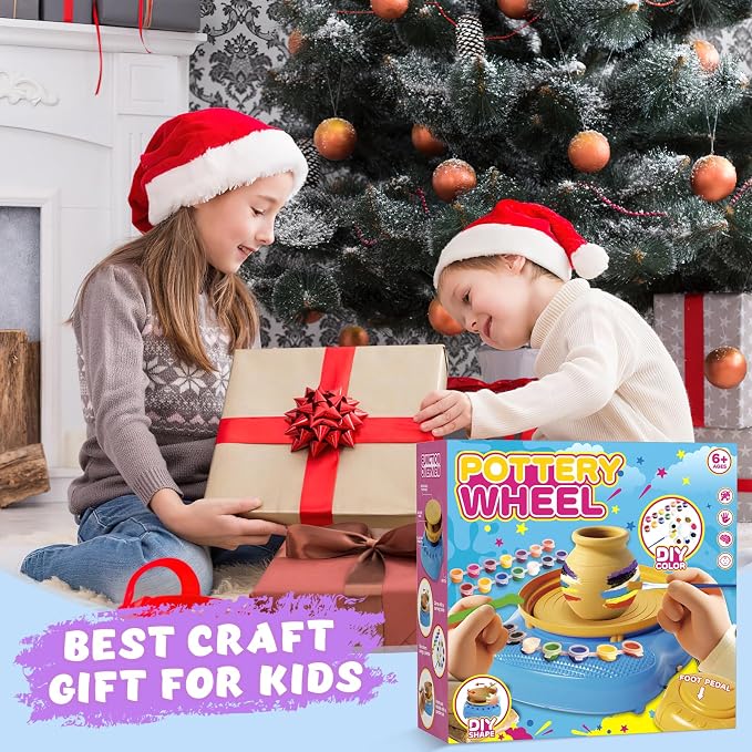 Pottery Wheel for Kids with Complete Clay Kit,Beginner Pottery Painting Set with Air Dry Clay,12 Paints,Sculpting Tools,Apron and Guide,Arts and Crafts Christmas Birthday Gift for Girls Boys Ages 6-12